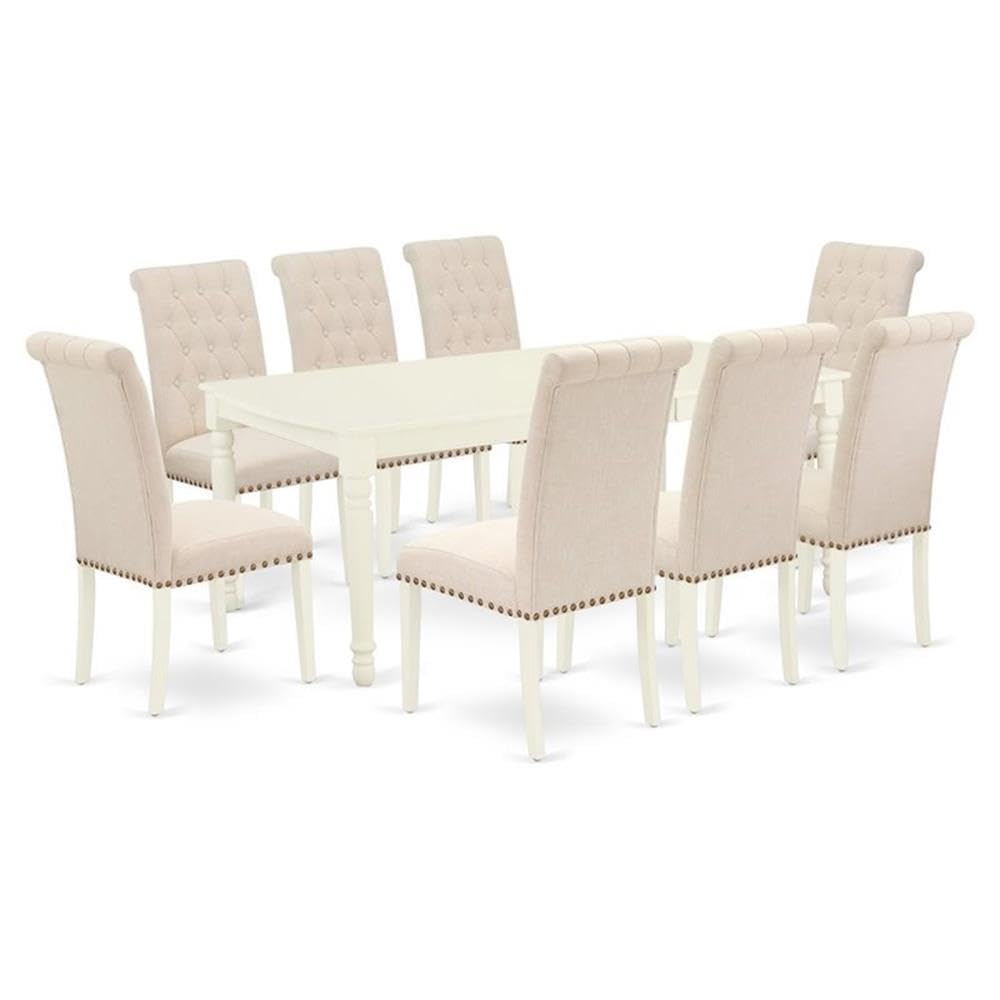 East West Furniture Dobr9-Lwh-02 9 Piece Dining Set Includes A Rectangle Dining Room Table With Butterfly Leaf And 8 Light Beige Linen Fabric Upholstered Chairs, 42X78 Inch, Linen White